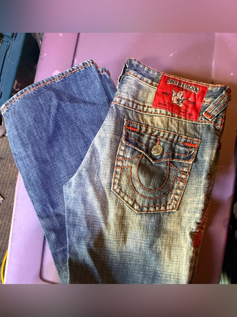 2 pairs True Religion men’s Light Blue Boot Cut Jeans with Contrast Stitching